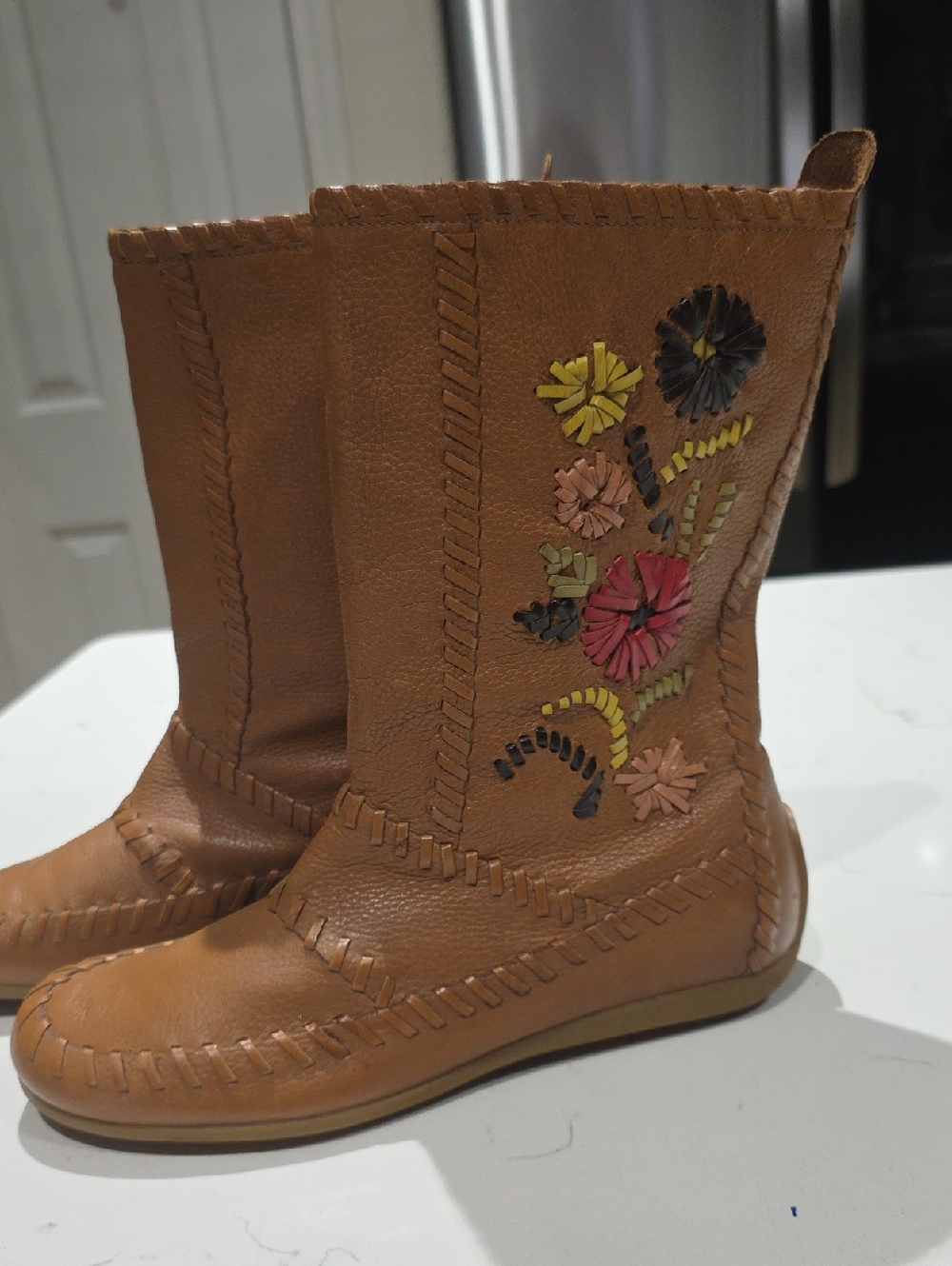 Gianni Bini Women’s Tan Embroidered Leather Mid-Calf Boots Size 7M
